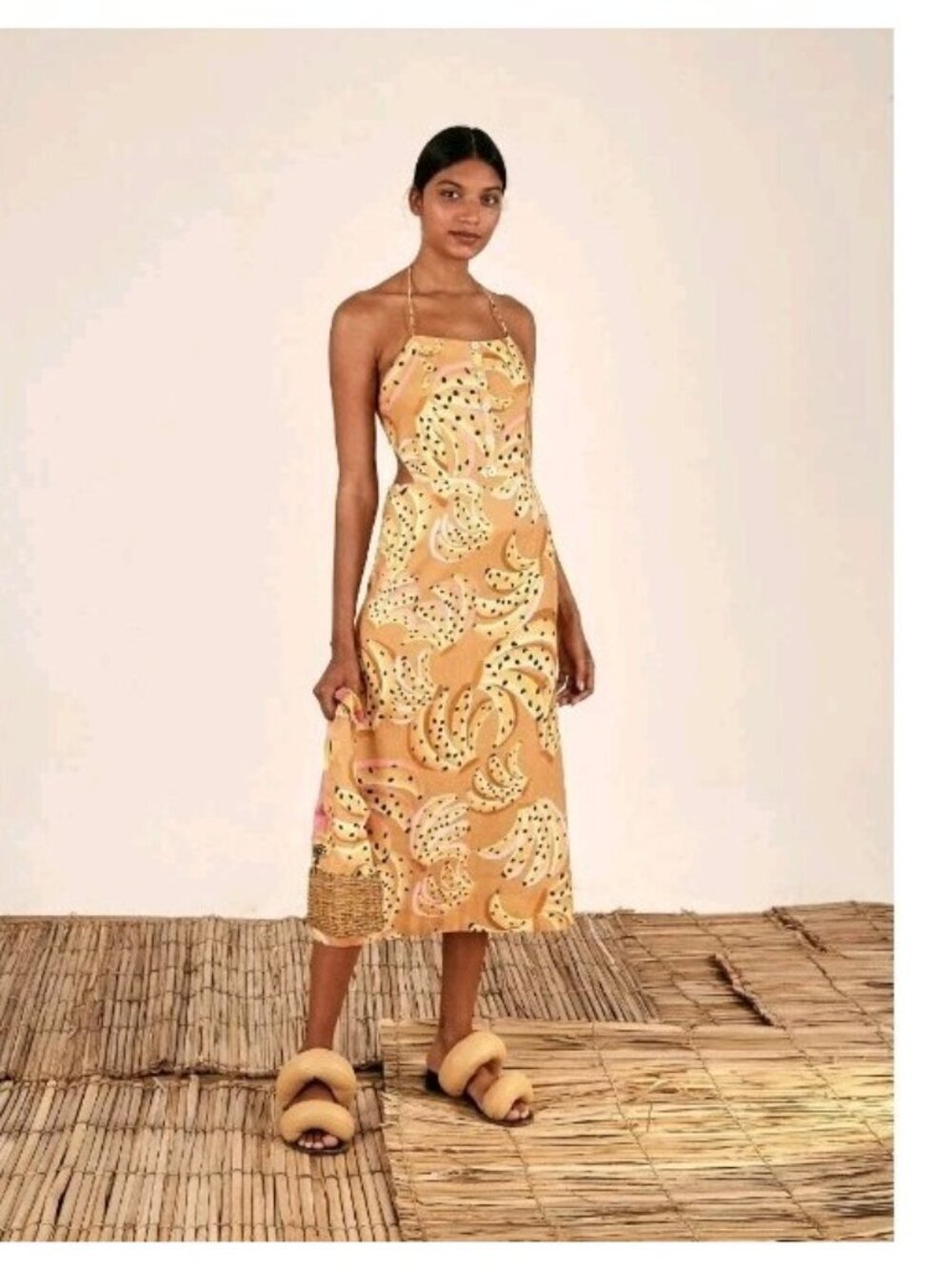 Farm Rio Caramel Raining Bananas Midi Dress Women's S NWT 100% Linen